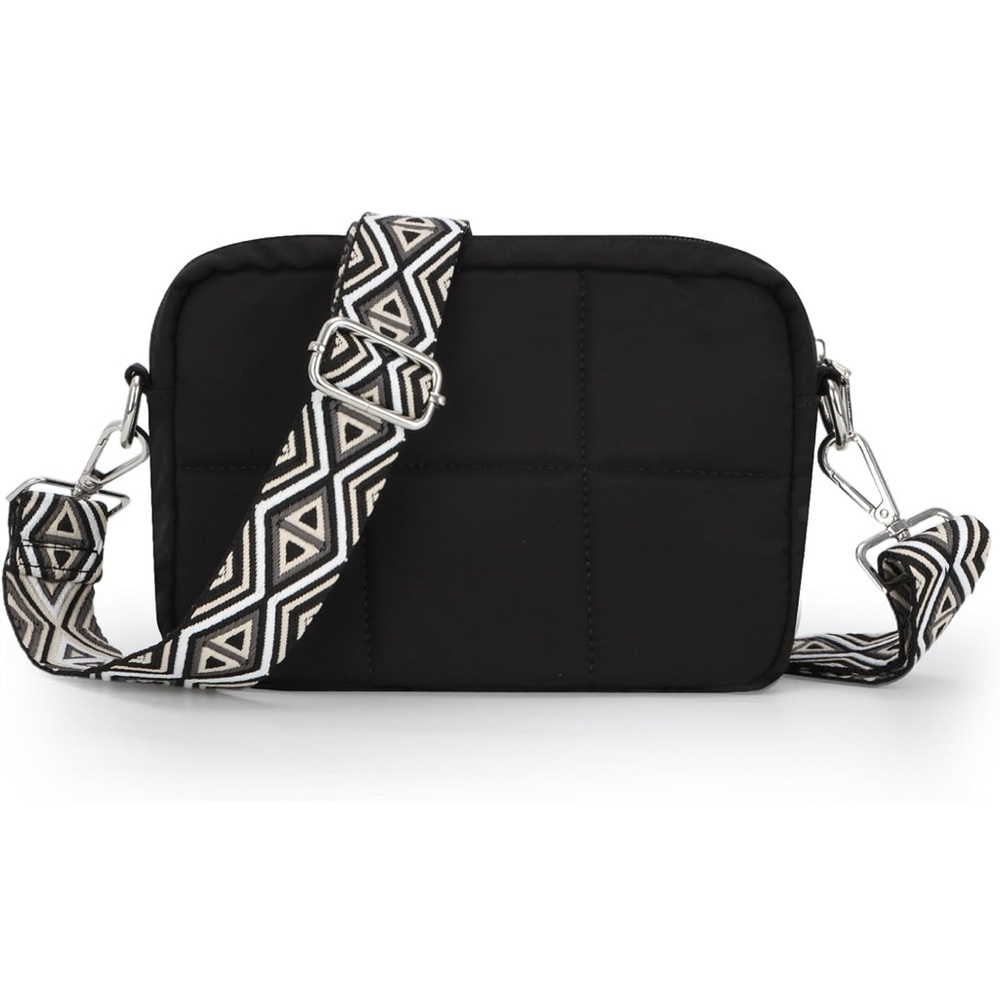 Fecialy Women’s Lightweight Quilted Puffer Black Crossbody or Shoulder Bag